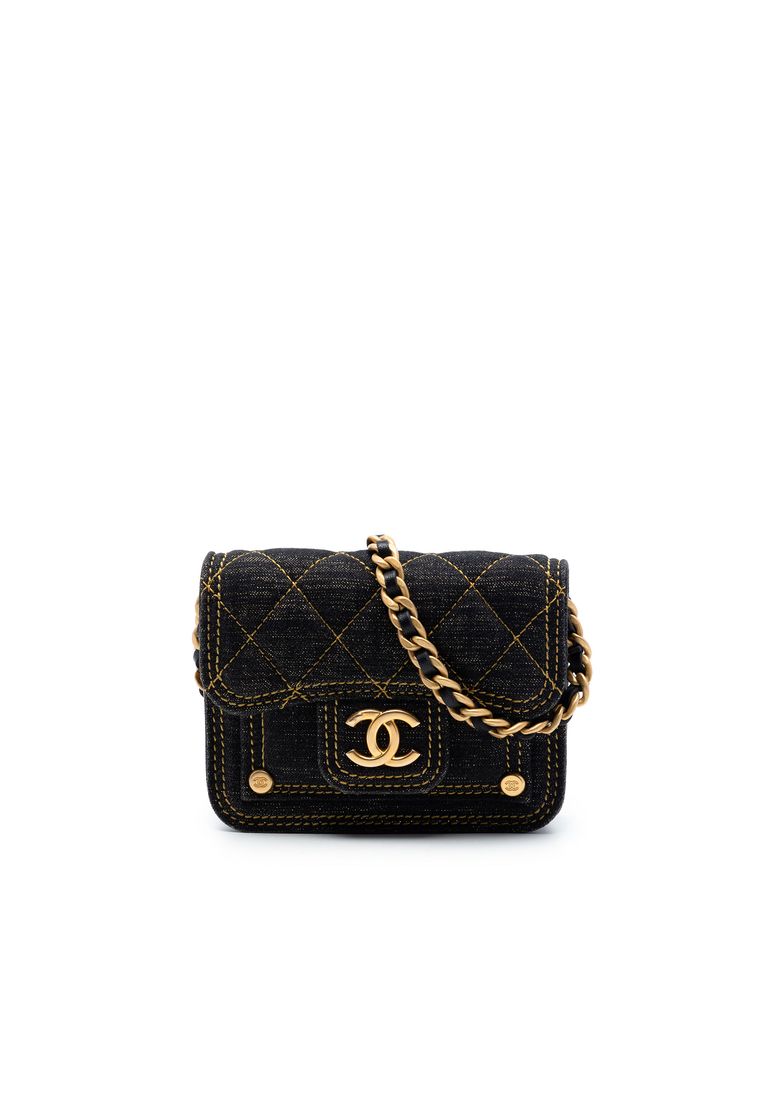 CHANEL Pre-Loved Chanel Mini Quilted Denim Double You Card Holder With Chain