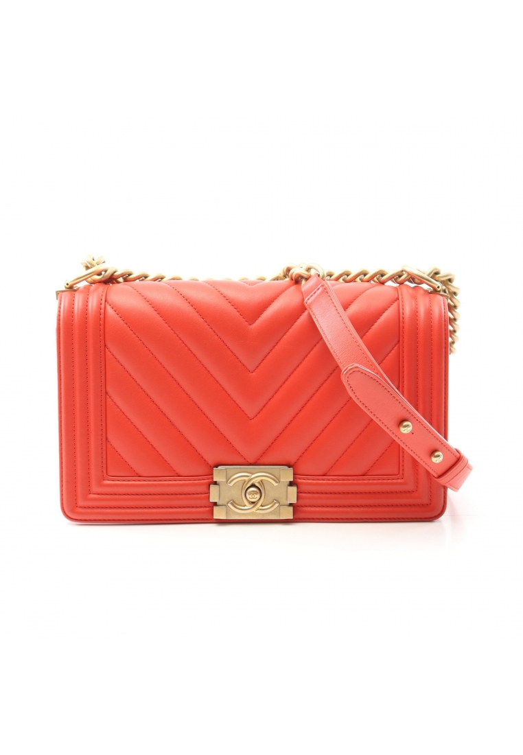 Chanel Pre-Loved Chanel boy chanel Chevron V-stitch chain shoulder bag lambskin Orange red gold hard