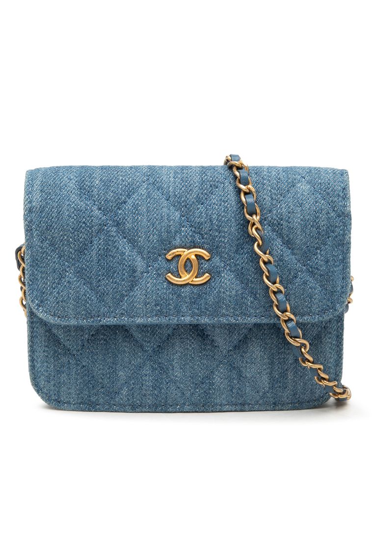 CHANEL Pre-Loved Chanel Mini Quilted Denim Pearl Crush Clutch With Chain