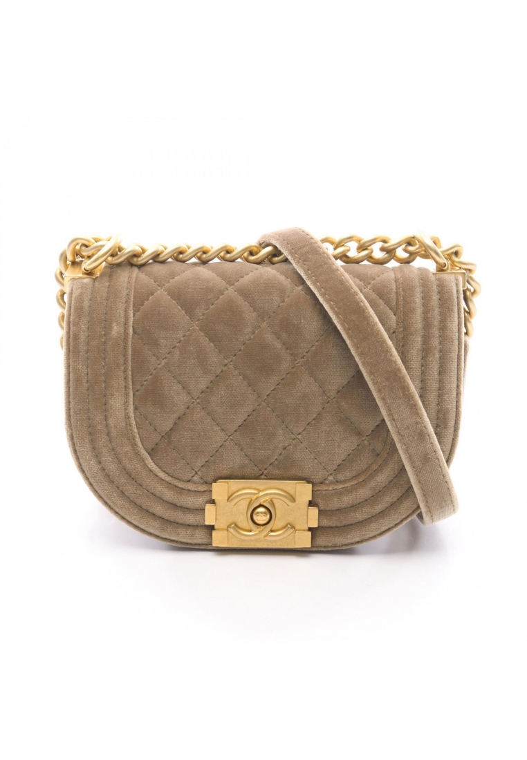 Chanel Pre-Loved Chanel boy chanel mini matelasse chain shoulder bag Velor Khaki brown gold hardware