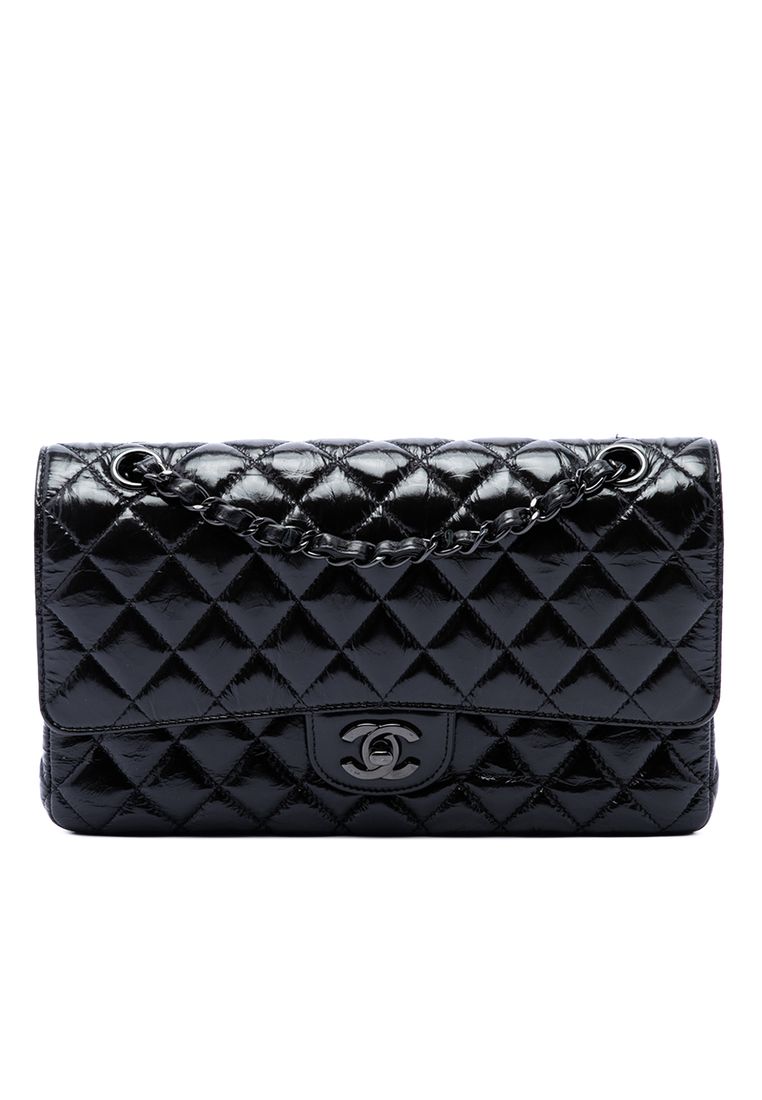 CHANEL Pre-Loved Chanel Medium Classic Shiny Crumpled Calfskin So Black Double Flap