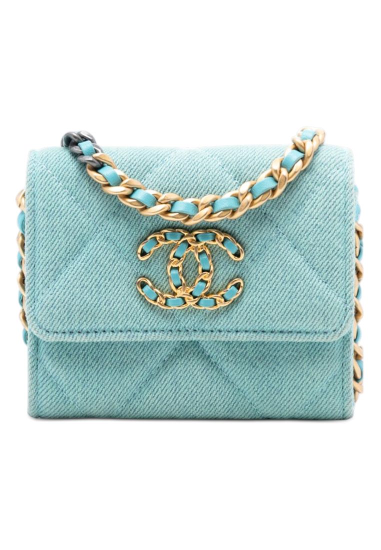 Chanel Pre-Loved Chanel Quilted Denim 19 Card Holder With Chain