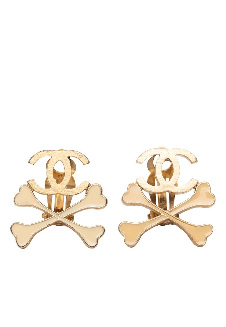 CHANEL Pre-Loved Chanel Gold Plated Cc Lacquered Crossbones Clip On Earrings