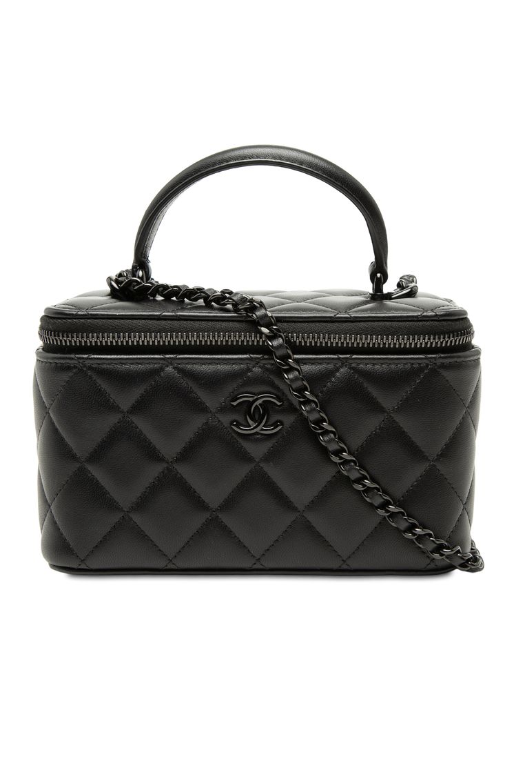 CHANEL Pre-Loved Chanel Small Lambskin So Black Top Handle Vanity Case With Chain