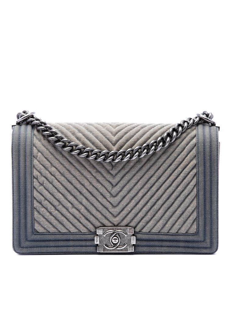 CHANEL Pre-Loved Chanel Old Medium Chevron Denim Boy Flap