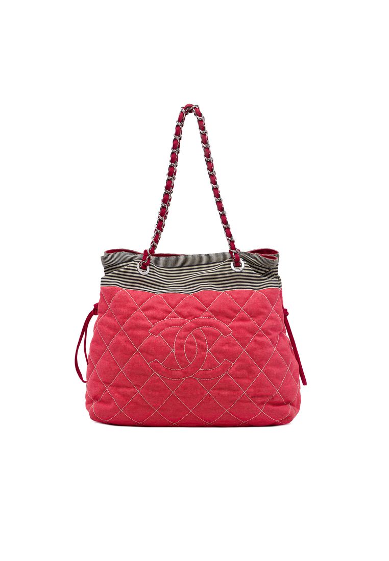 CHANEL Pre-Loved Chanel Cc Quilted Denim Grosgrain Drawstring Tote