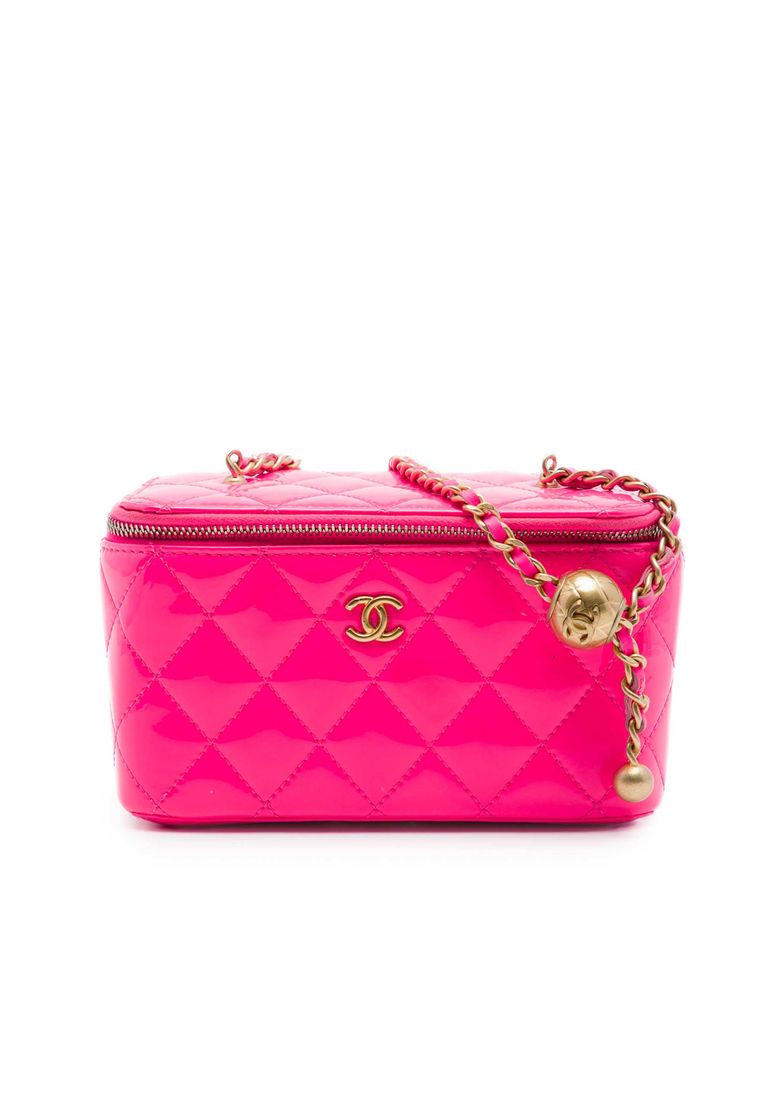 CHANEL Pre-Loved Chanel Small Quilted Patent Pearl Crush Vanity Case With Chain