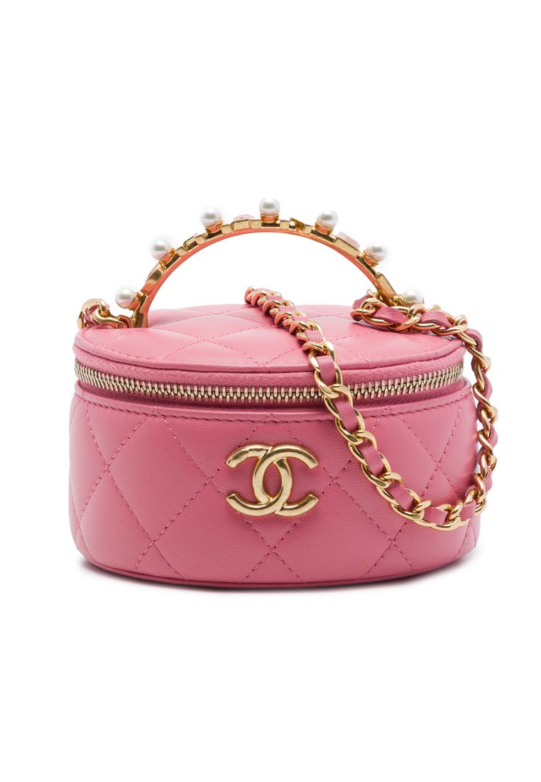 CHANEL Pre-Loved Chanel Mini Cc Quilted Lambskin Pearl Top Handle Vanity Case With Chain