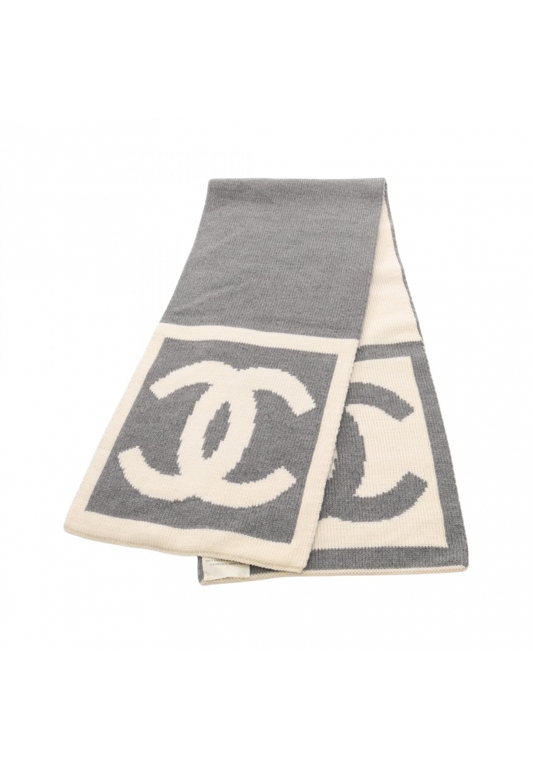 Chanel Pre-Loved Chanel coco mark Scarf wool silk cashmere gray white