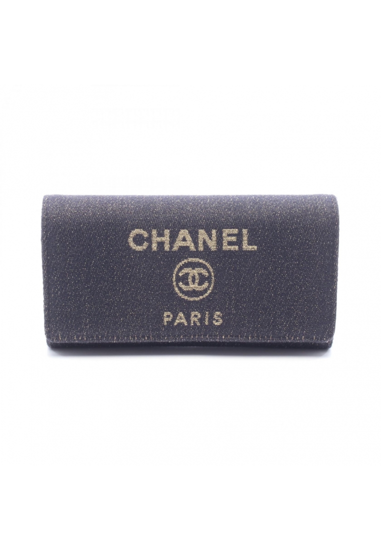 Chanel Pre-Loved Chanel Deauville Long flap wallet Rame Bi-fold Long Wallet canvas leather Navy gold