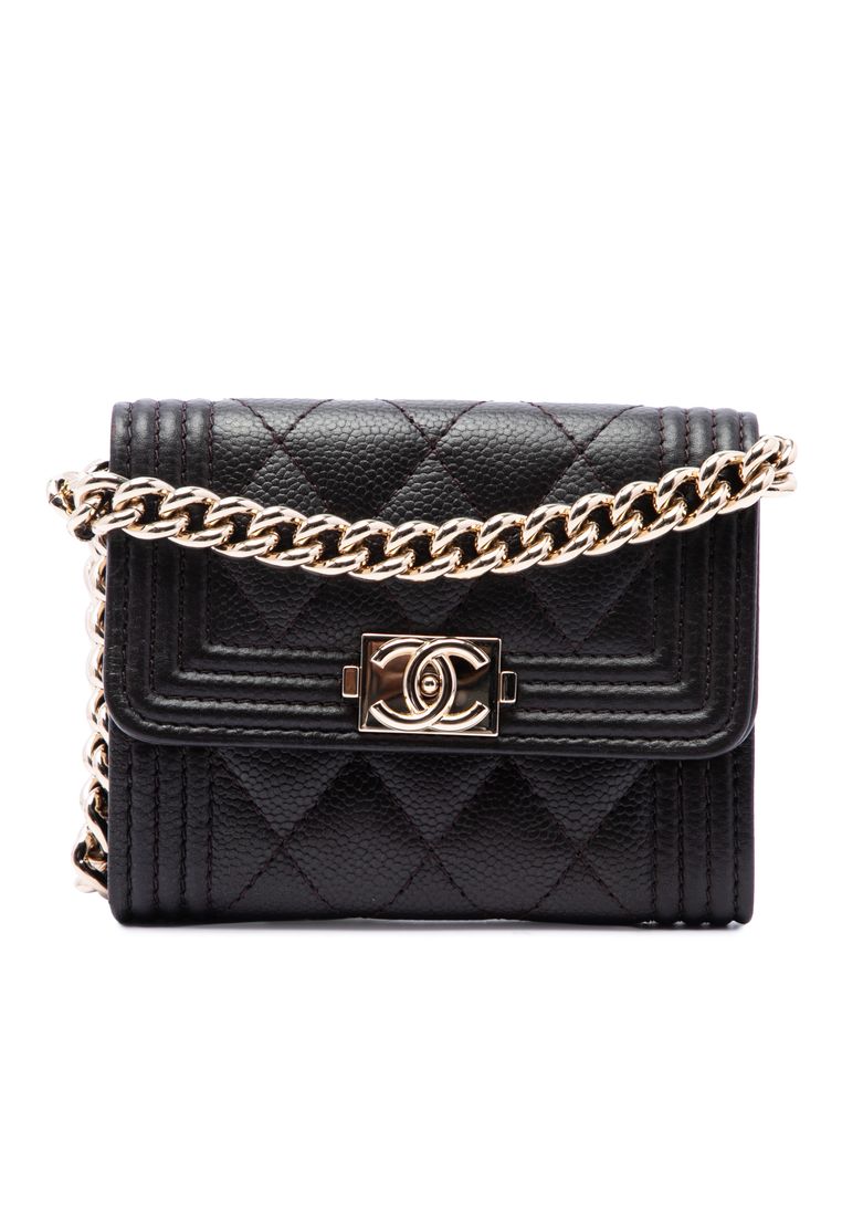 Chanel Pre-Loved Chanel Quilted Caviar Boy Card Holder With Chain