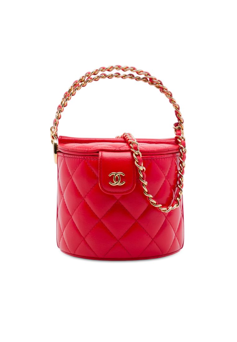 Chanel Pre-Loved Chanel Cc Quilted Lambskin Top Handle Round Vanity Case With Chain