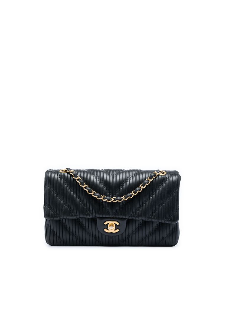 CHANEL Pre-Loved Chanel Medium Classic Chevron Calfskin Pleated Double Flap