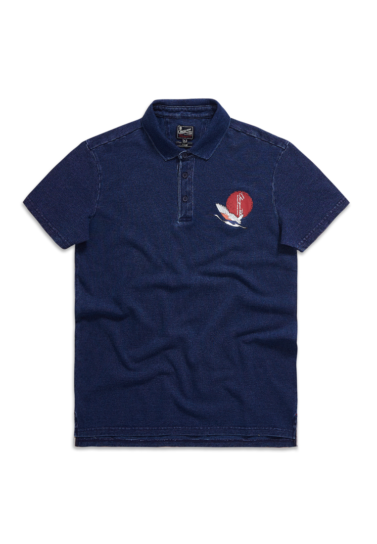 Chevignon Mens V57 Unique Washed Indigo Crane Chest Print  Polo