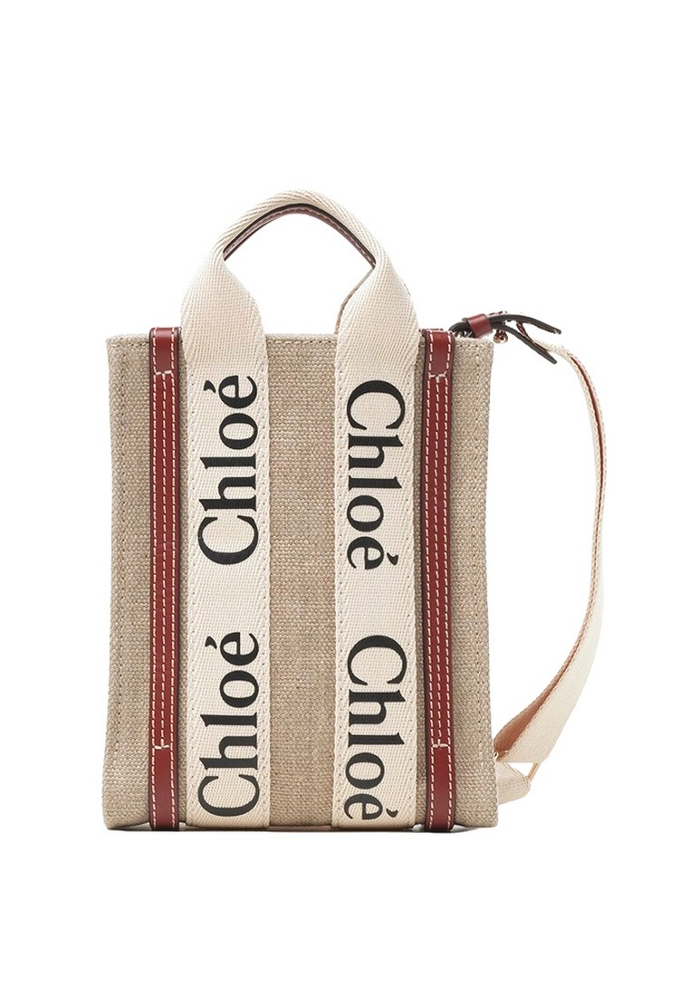 Chloé Mini Woody North South Tote Bag in White/Brown