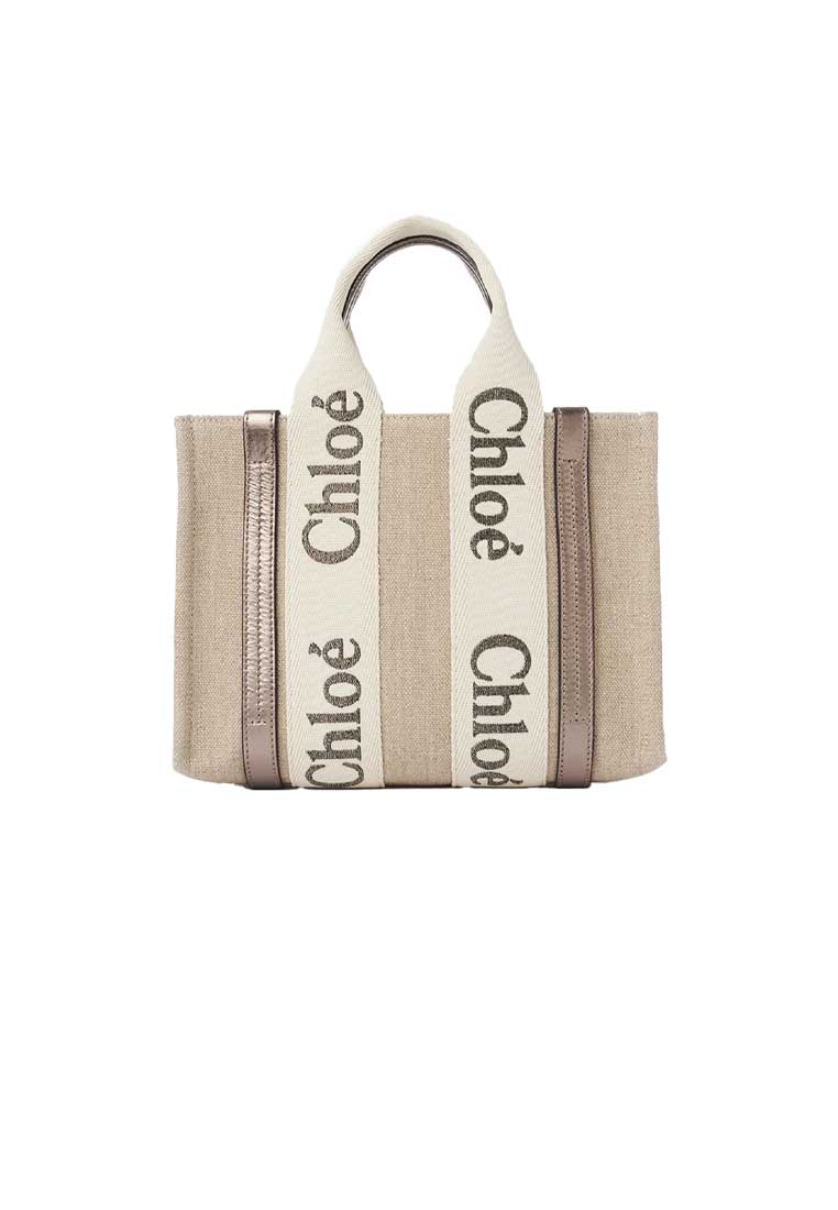 Chloé Small Woody Tote Bag In Linen And Leather Shiny Gray CHC25SS397O81074