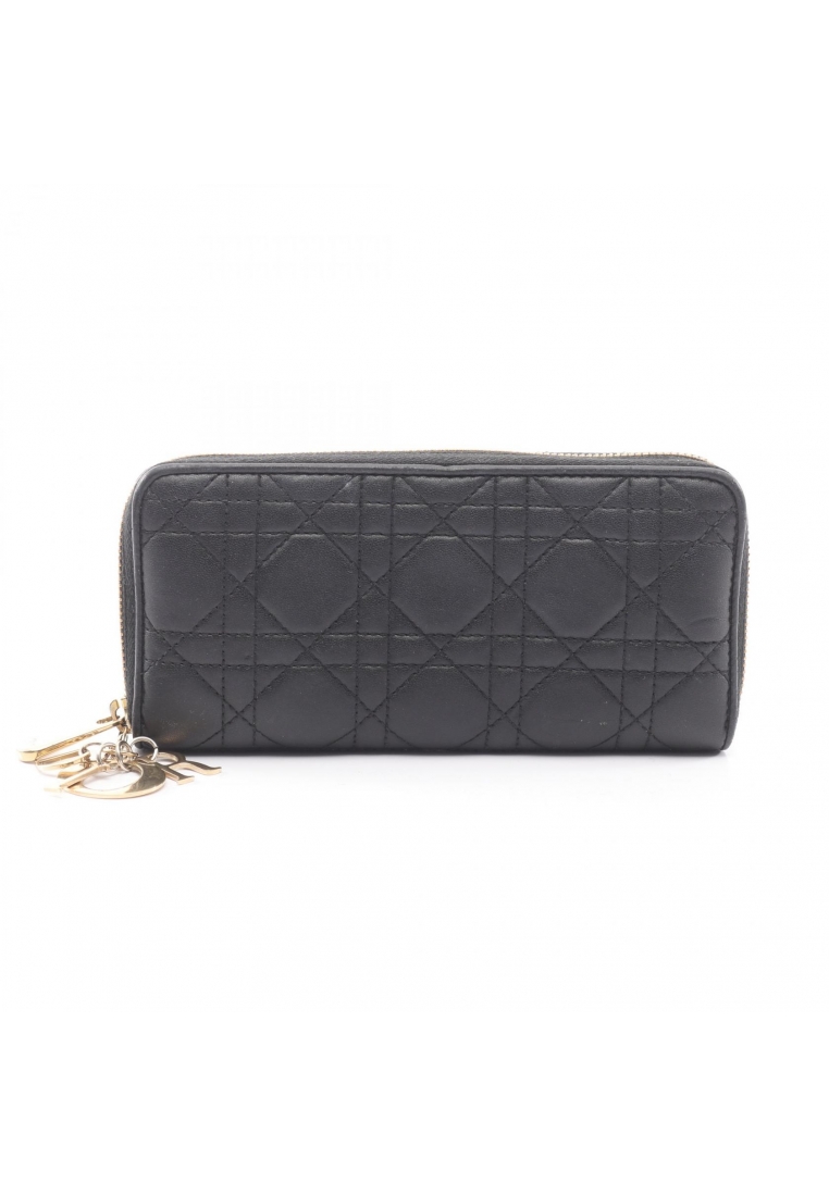 CHRISTIAN DIOR Pre-Loved Christian Dior lady dior Canage round zipper long wallet leather black