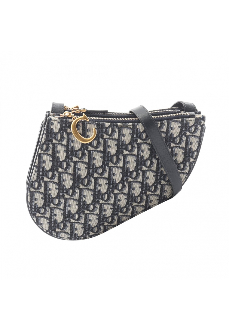 CHRISTIAN DIOR Pre-Loved Christian Dior saddle bag oblique Shoulder bag canvas leather beige Navy