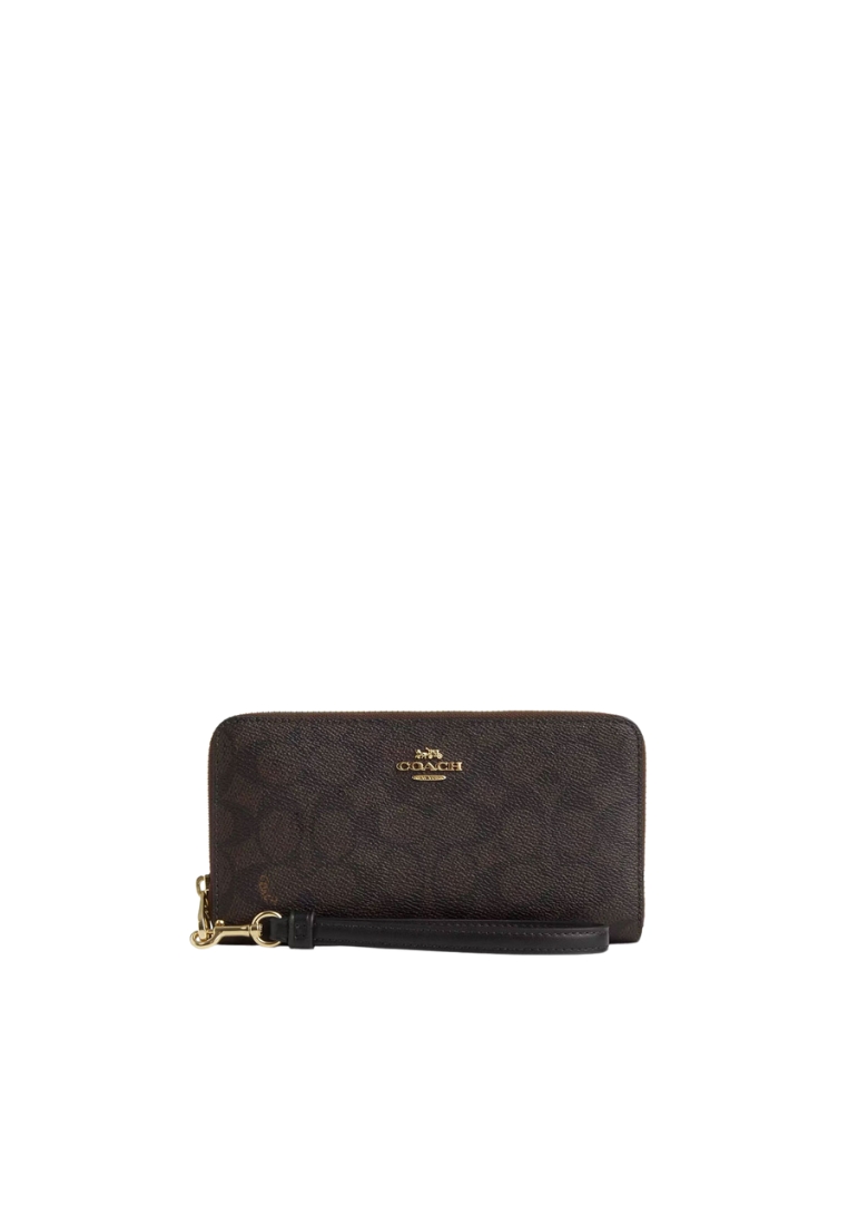 COACH Coach Long Zip Around Wallet In Signature Canvas In Walnut Black CW778