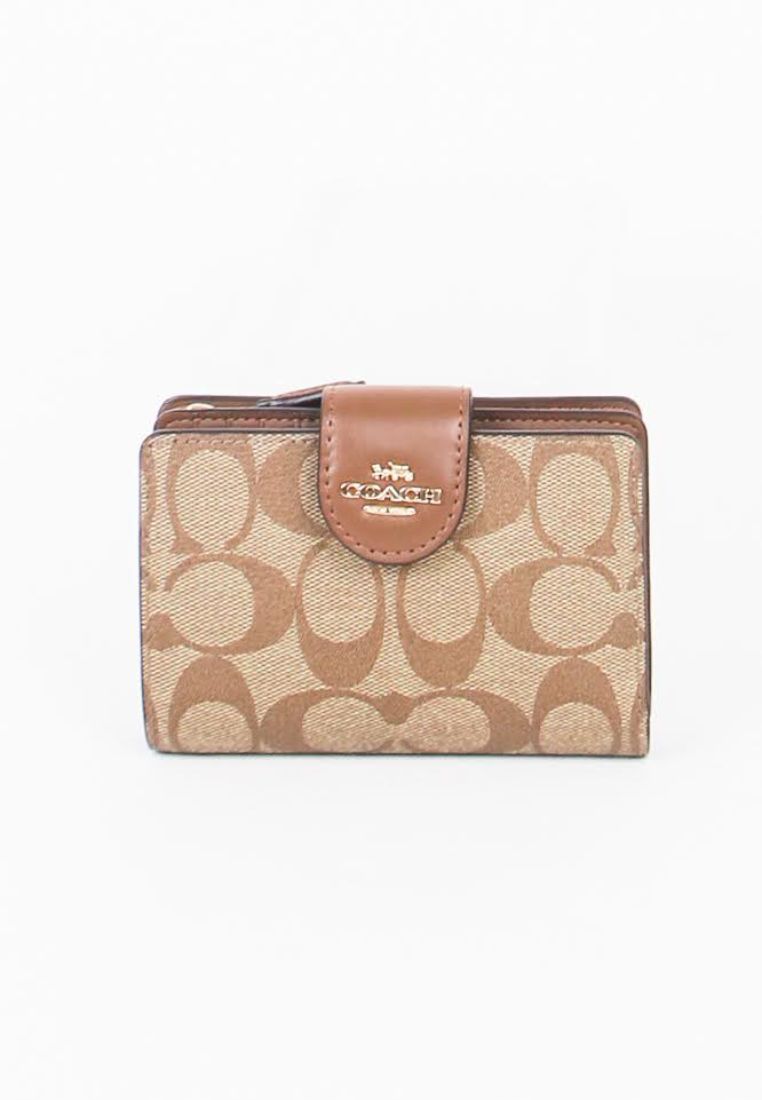 COACH Coach Medium Signature C0082 Corner Zip Wallet In Khaki Saddle