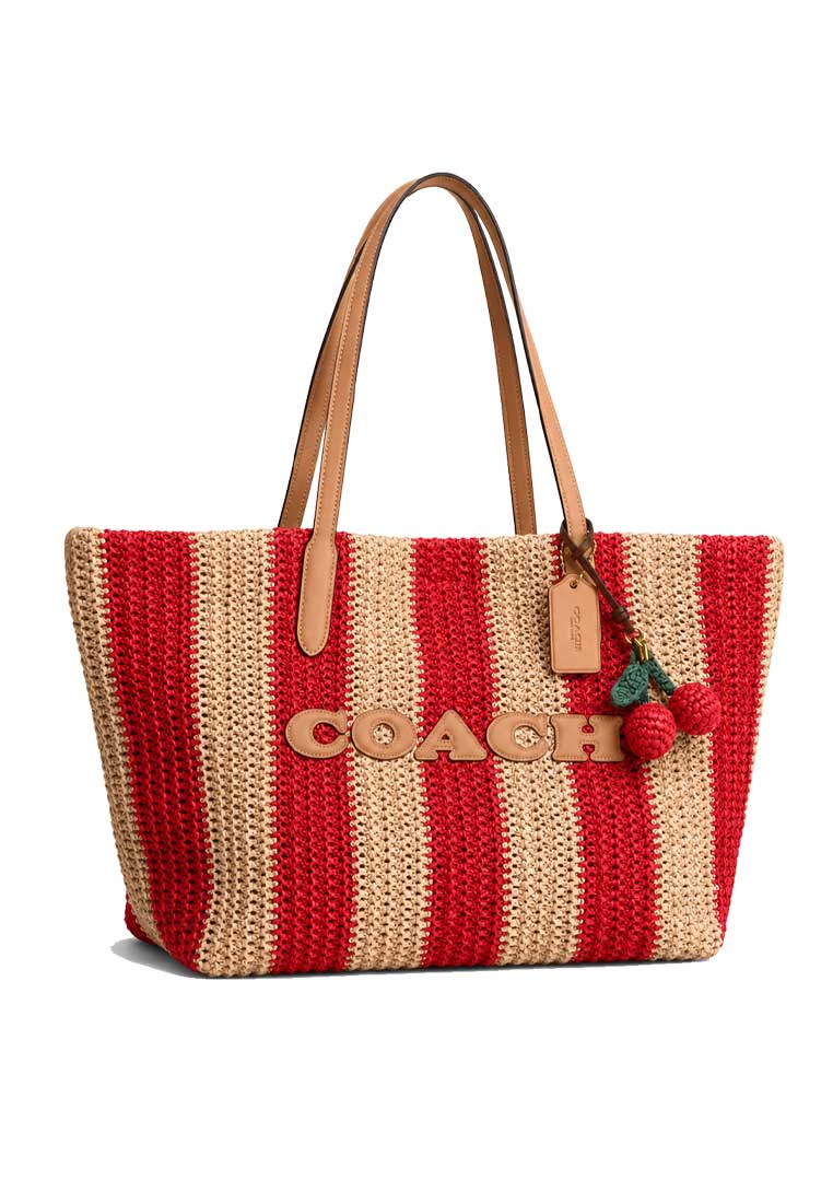Coach City Tote Bag With Stripes And Charm Red/Tan CER30