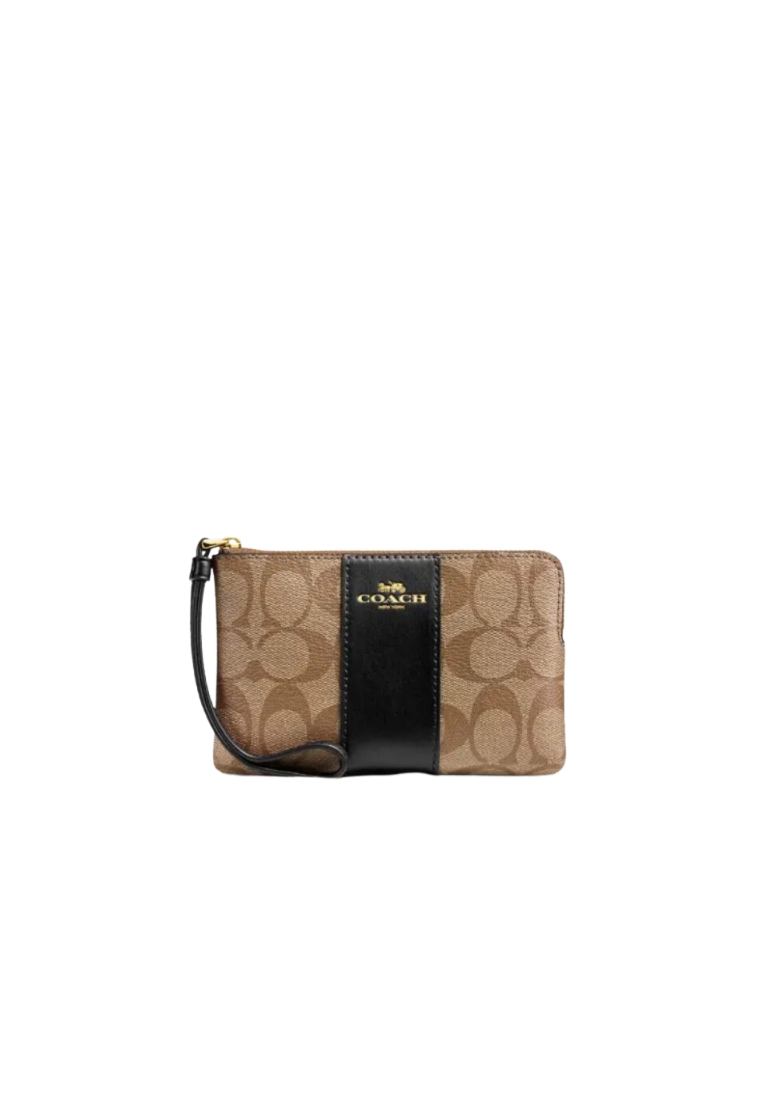 COACH Coach Corner Zip Wristlet 58035 With Signature Canvas In Khaki Black