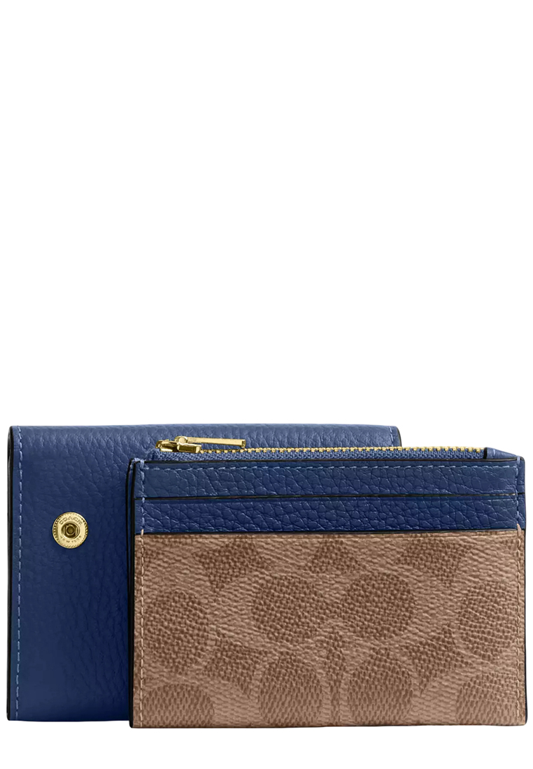 COACH Card Holder Wallet In Signature Canvas in Tan/ Deep Blue CZ034