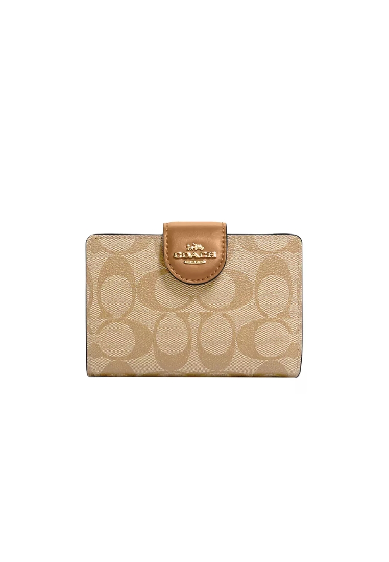 COACH Coach Medium Corner Zip Wallet Signature In Light Khaki Light Saddle C0082