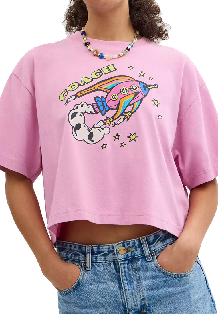 Coach Cosmic Coach Rocket Print Cropped T Shirt In Organic Cotton in Hot Pink CX185