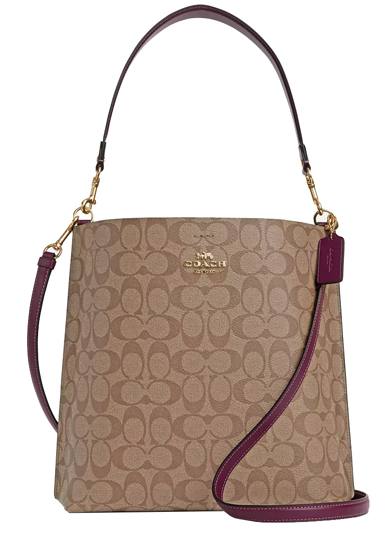 COACH Mollie Bucket Bag In Signature Canvas in Khaki/ Deep Berry CA561
