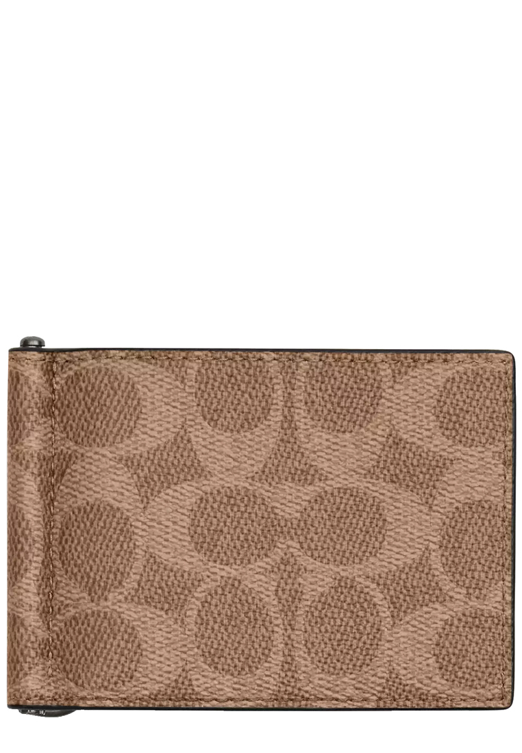COACH Slim Money Clip Billfold Wallet In Signature Canvas in Tan/ Black CY059