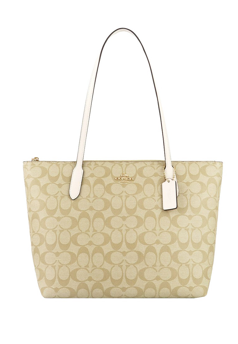 COACH Zip Top Tote In Signature Light Brown/White - Brown