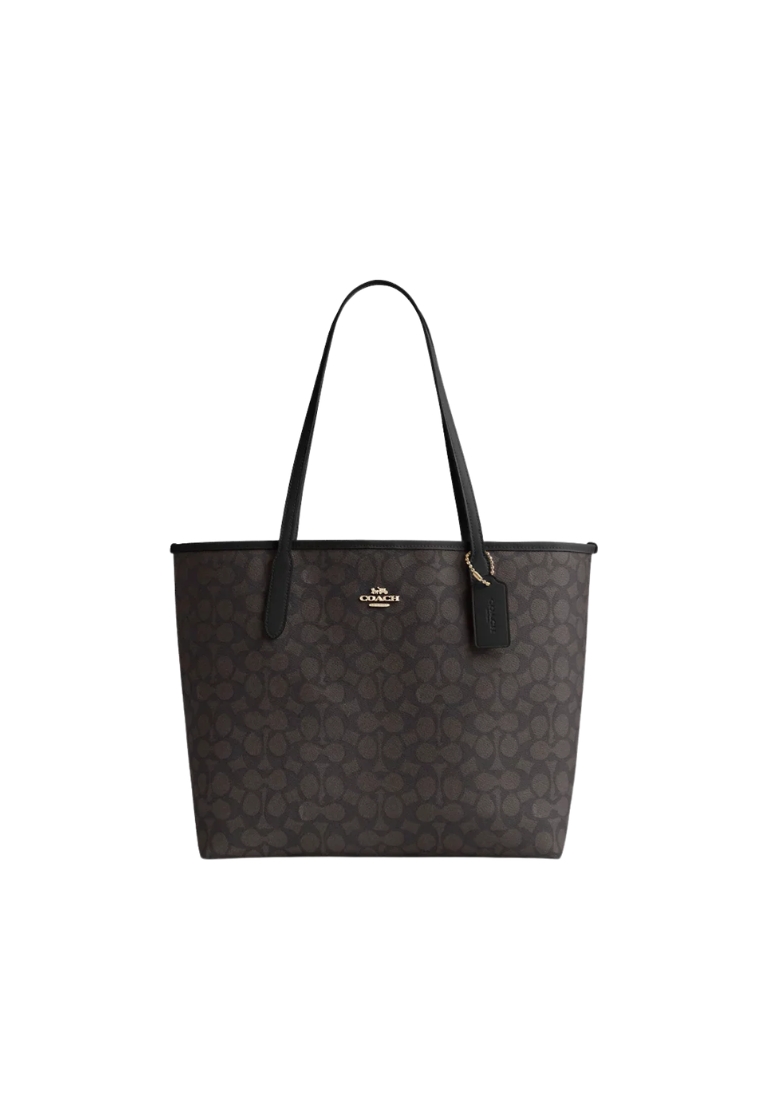 COACH Coach City Tote Bag in Signature Canvas In Walnut Black CV976
