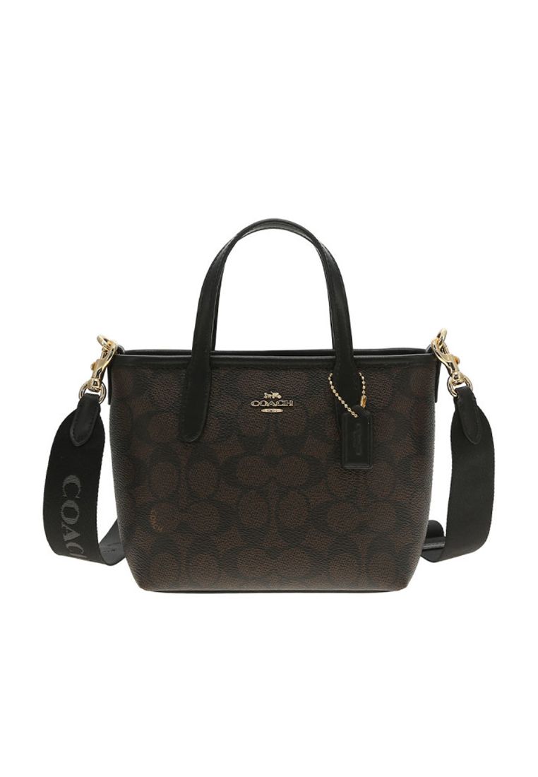 COACH Women's City Mini Tote Bag In Signature Canvas in Walnut Wood Color With Black CW032