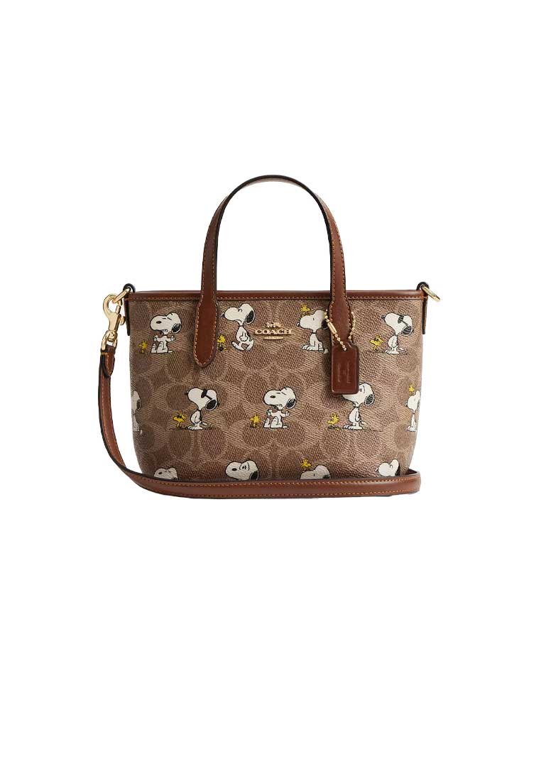 COACH Coach X Peanuts City Mini Tote Bag In Signature Canvas With Snoopy Print Tan/Brown Multi CBS83