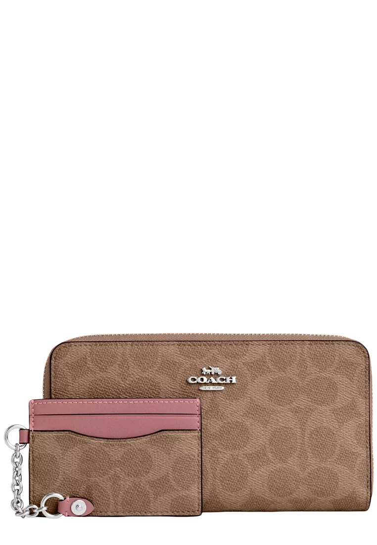 COACH Long Zip Around Wallet With Detachable Card Case In Signature Canvas - Tan/ Dusty Pink CBZ99