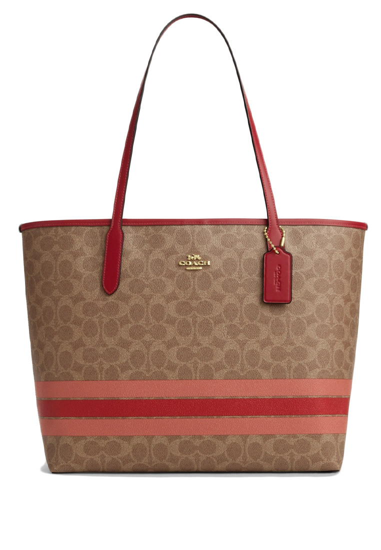 COACH City Tote Bag In Signature Canvas With Stripe - Tan Multi