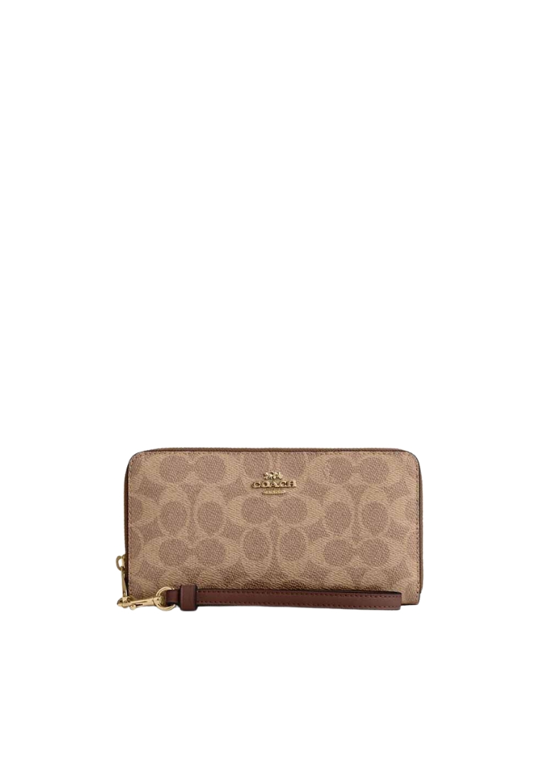COACH Coach Long Zip Around Wallet Signature Canvas In Tan Brown CW778
