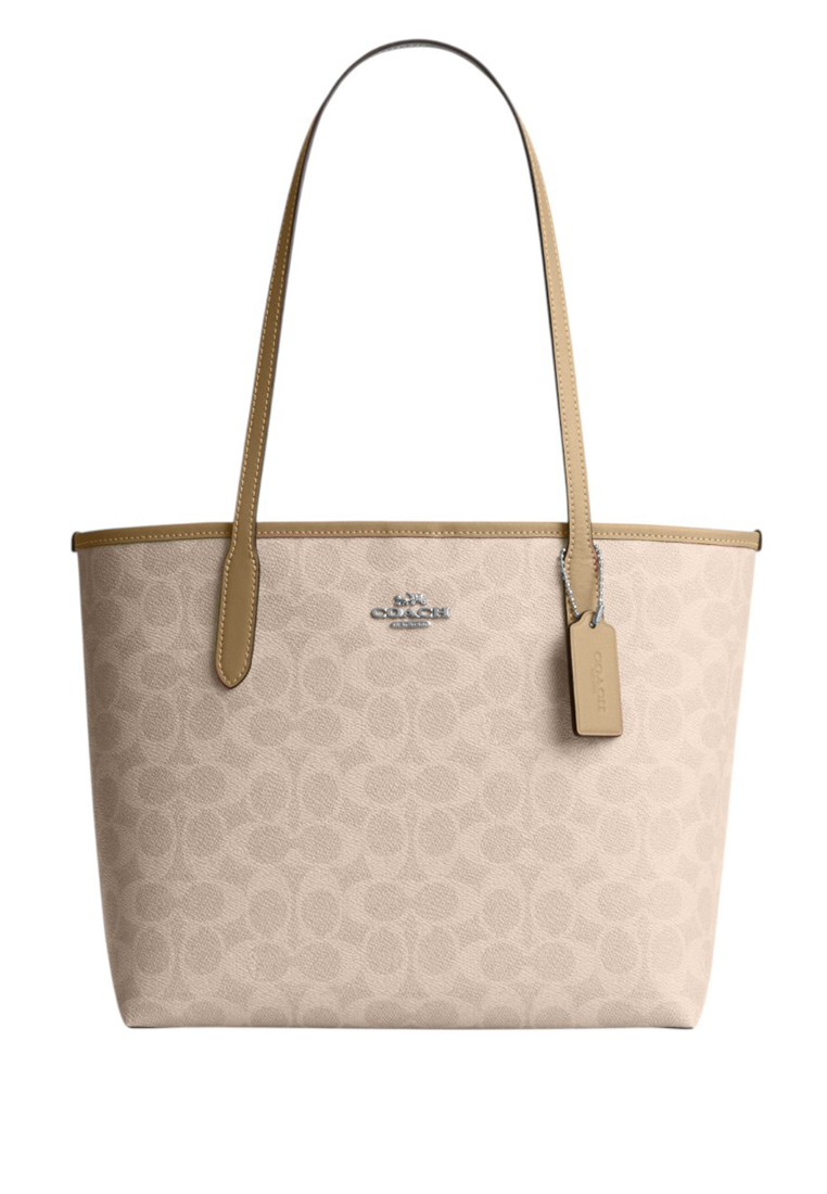 COACH Medium City Tote Bag In Signature Canvas - Sand/Taupe