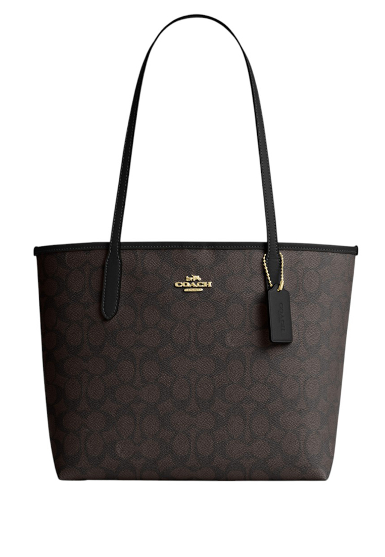 COACH Medium City Tote Bag In Signature Canvas - Walnut/Black