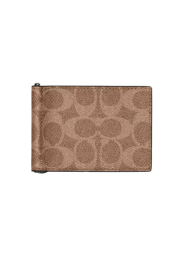 COACH Slim Money Clip Billfold Wallet In Signature Canvas Tan/Black CY059