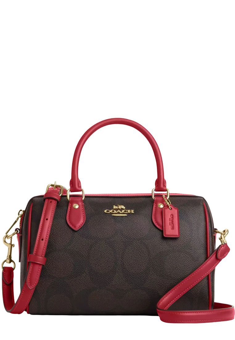COACH Rowan Satchel Bag In Maxi Signature Canvas - Walnut/ True Red CCD76