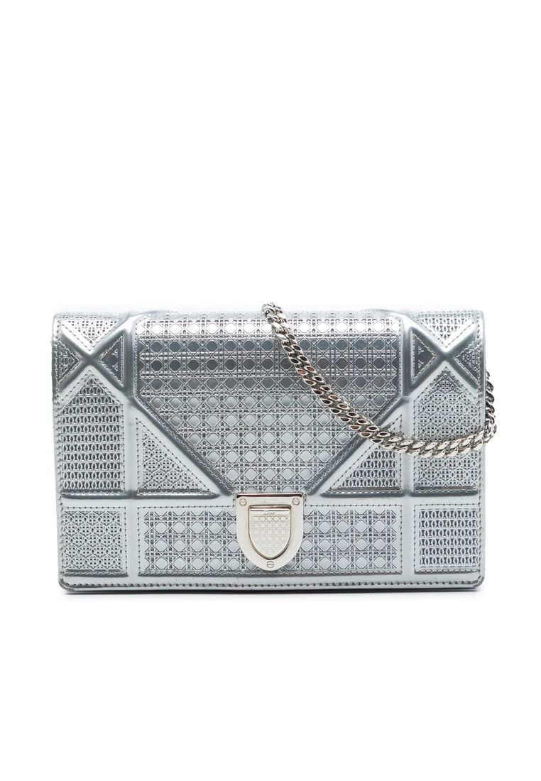 DIOR Pre-Loved Dior Metallic Patent Microcannage Diorama Wallet On Chain