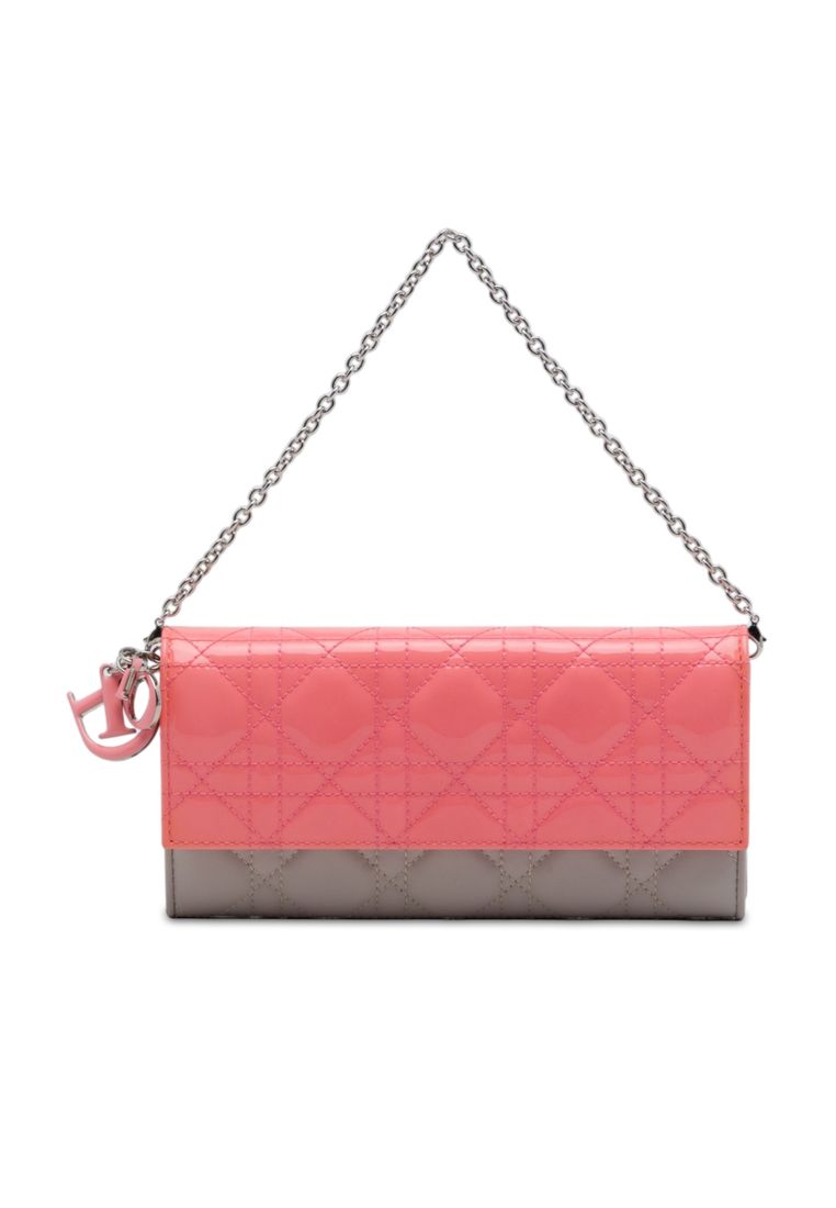 Dior Pre-Loved Dior Bicolor Lambskin And Patent Cannage Lady Dior Wallet On Chain