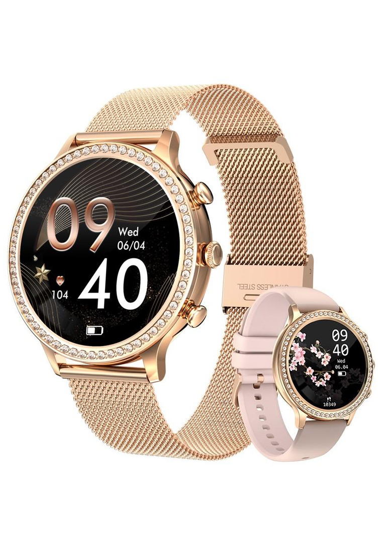 EGLANTINE Ladies Smart Watch Paved with Crystals, Milanese Metal Bracelet - Bluetooth Call - IOS/And