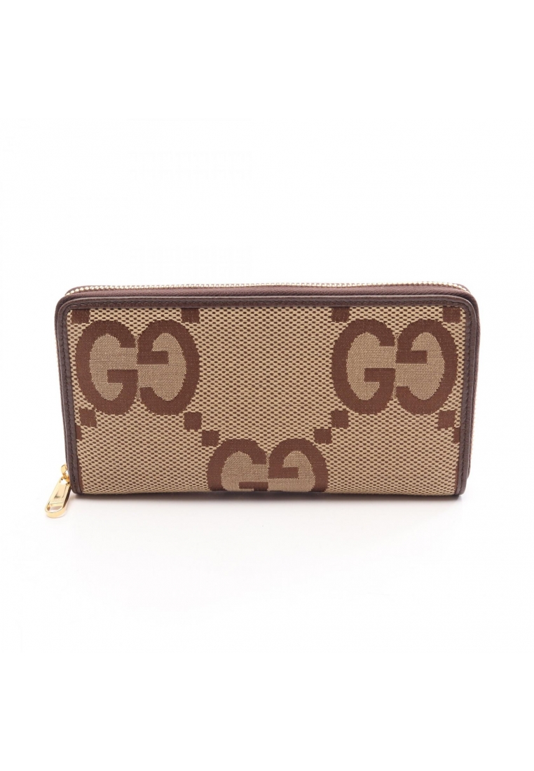 GUCCI Pre-Loved Gucci Jumbo GG continental wallet round zipper long wallet canvas leather beige Brow
