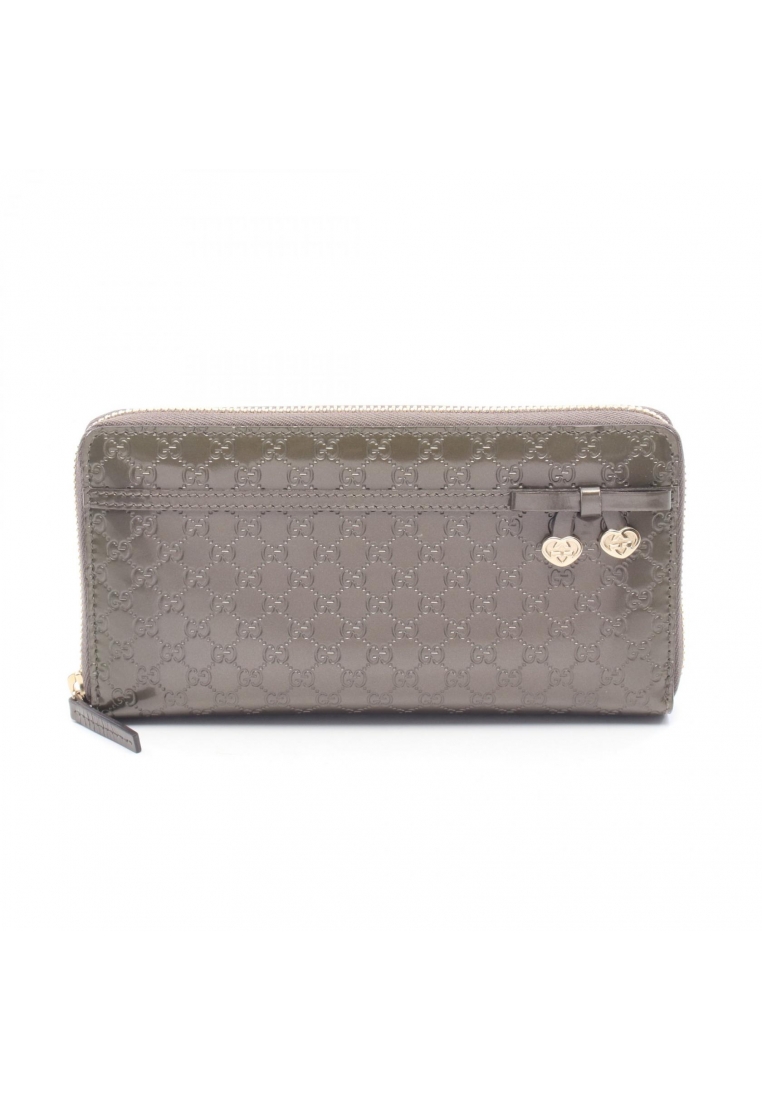 Gucci Pre-Loved Gucci Micro GG Guccissima round zipper long wallet Patent leather Khaki green