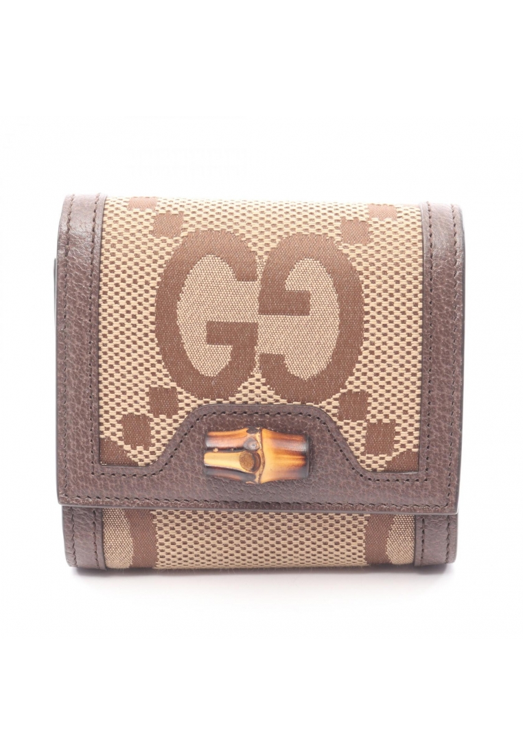 GUCCI Pre-Loved Gucci Bamboo Jumbo GG Bi-fold wallet canvas leather beige Dark brown