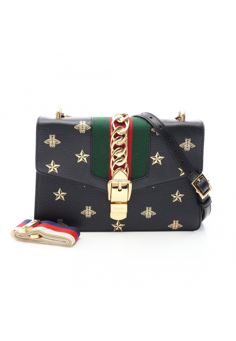 Gucci Pre-Loved Gucci Sylvie sherry line bee star Shoulder bag leather black gold multicolor