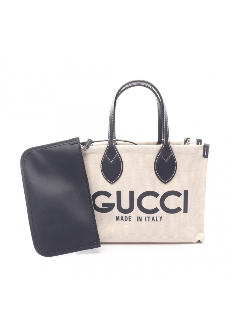 GUCCI Pre-Loved Gucci Print mini Handbag tote bag canvas leather ivory Dark navy